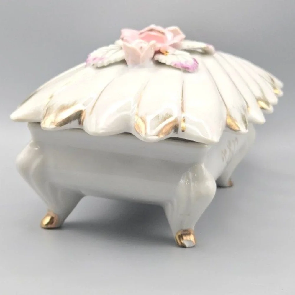 Vintage 1960s Porcelain Trinket Box Shell Hand Painted Rose Design Made in Japan